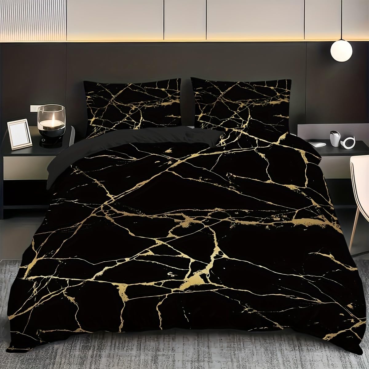 Housse de couette 240x220 marbre noir et or chic avec zip