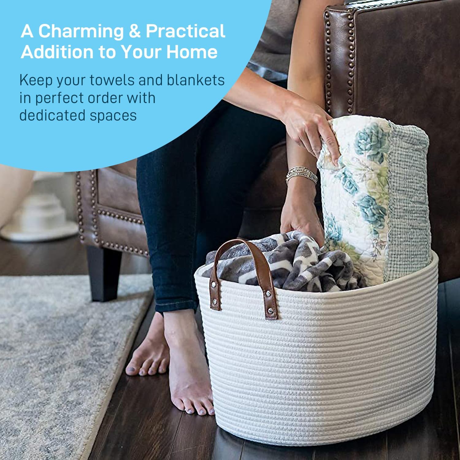 Sweetzer & Orange Large Woven Cotton Rope Storage Basket (Vegan Handles) - Blanket Storage Baskets, Laundry Basket, Toy Storage, Nursery Hamper - Decorative Off White Basket for Living Room : Home & Kitchen