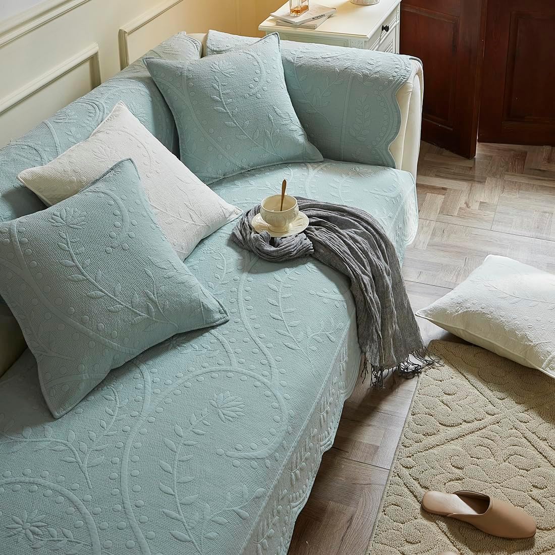 vctops Cotton Quilted Couch Cover Floral Leaves Embroidery Sofa Cover Non Slip Sofa Slipcover for Dogs Cats Kids Loveseat Recliner L Shaped Armrest Backrest (Blue,36"x36")