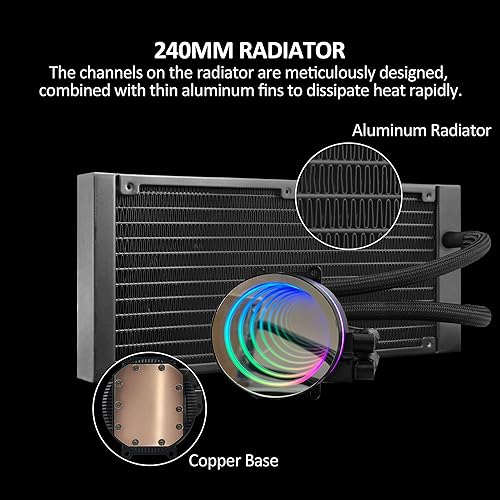 Miniatura 7 de Enfriador de CPU AIO de 9.449 in con ventilador de CPU RGB PWM direccionable y refrigeración líquida del radiador para Intel y AMD, bomba de espejo