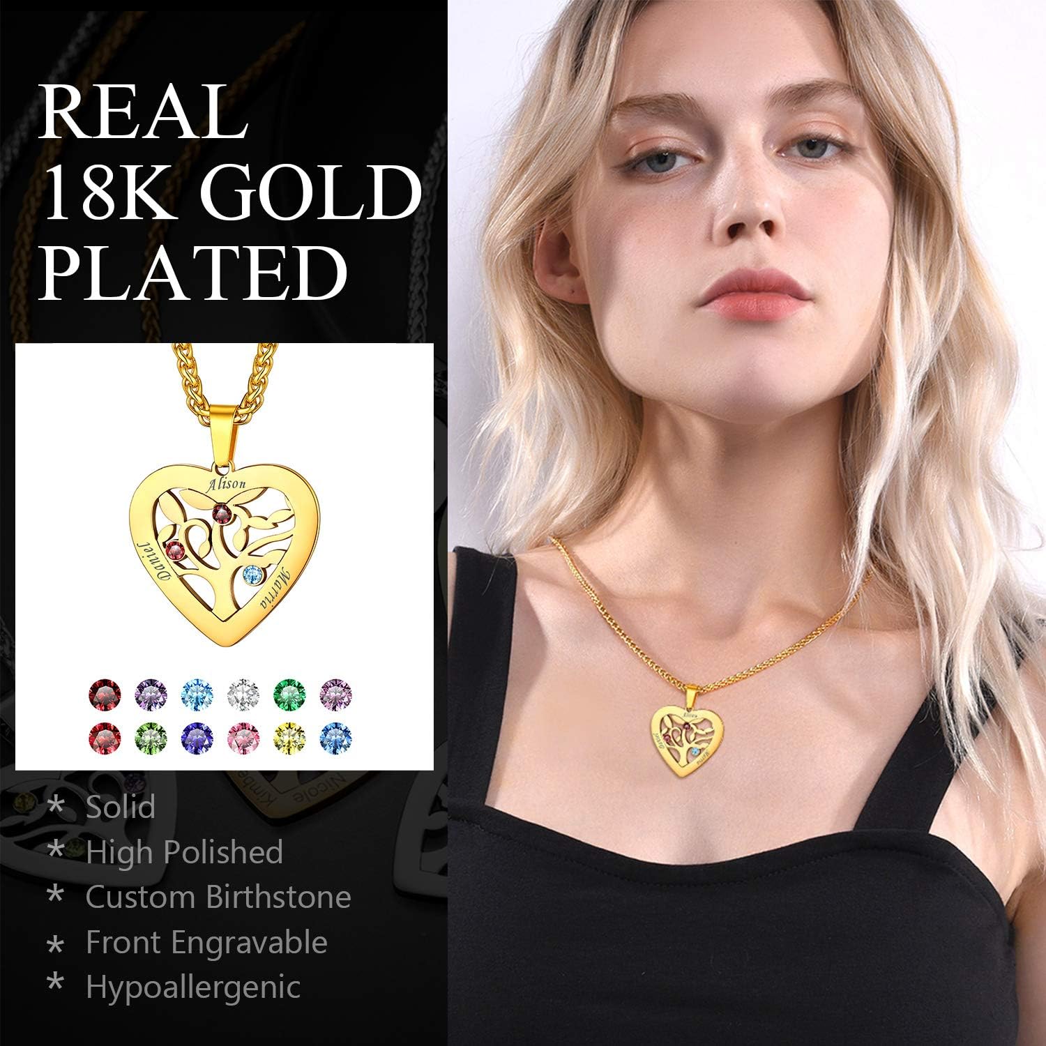 U7 Heart/Round Tree of Life Necklace, Customized Birthstone Jewelry for Women Men,Custom Name Family Branch Tree Pendant Personalized Mother Necklaces with 2-7 Names and Birthstones