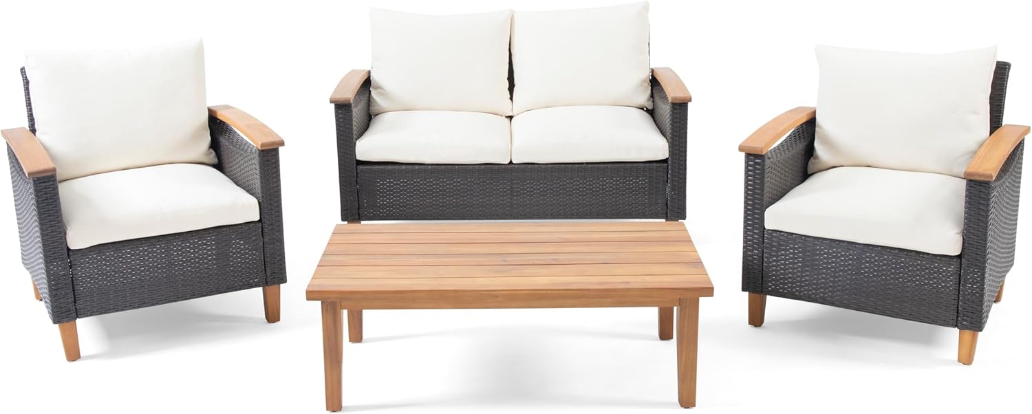 Isla Acacia Wood Outdoor Chat Set: 2 Club Chairs, 1 Loveseat, 1 Coffee Table with Water-Resistant Cushions, Transitional Style for Patio Garden