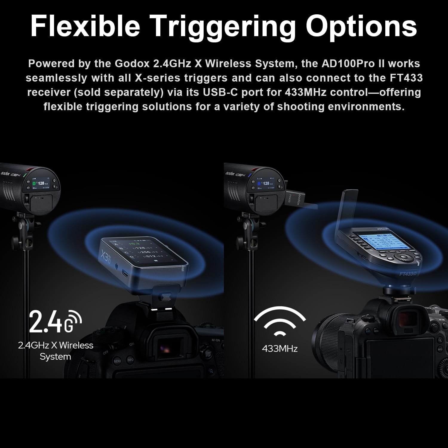 Flash Godox AD100Pro II à tête Ronde 100 W, 60 à 100 flashs Pleine Puissance, 2,4 GHz X sans Fil, TTL/HSS, 2850 mAh USB-C, Support magnétique avec Adaptateur Bowens