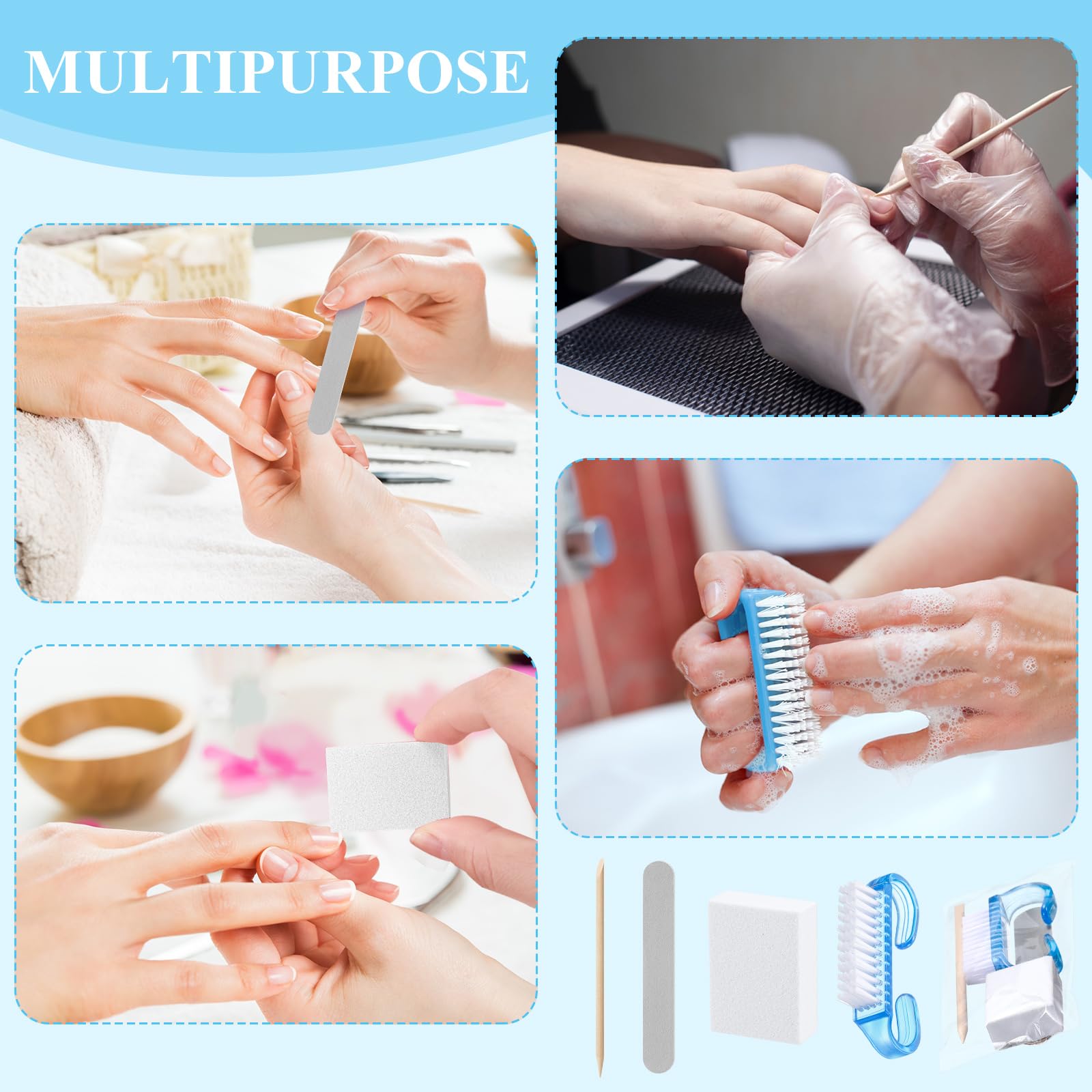 Set di 100 kit manicure usa e getta professionali basi, kit di 4 lime per unghie in legno grana 100/180, mini buffer grana 80/100, bastoncino di legno e pennello con impugnatura (blu)