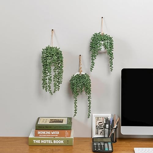 Miniatura 5 de MyGift Maceta artificial de perlas de imitación en cerámica blanca para colgar en la pared con cuerda de yute, juego de 3