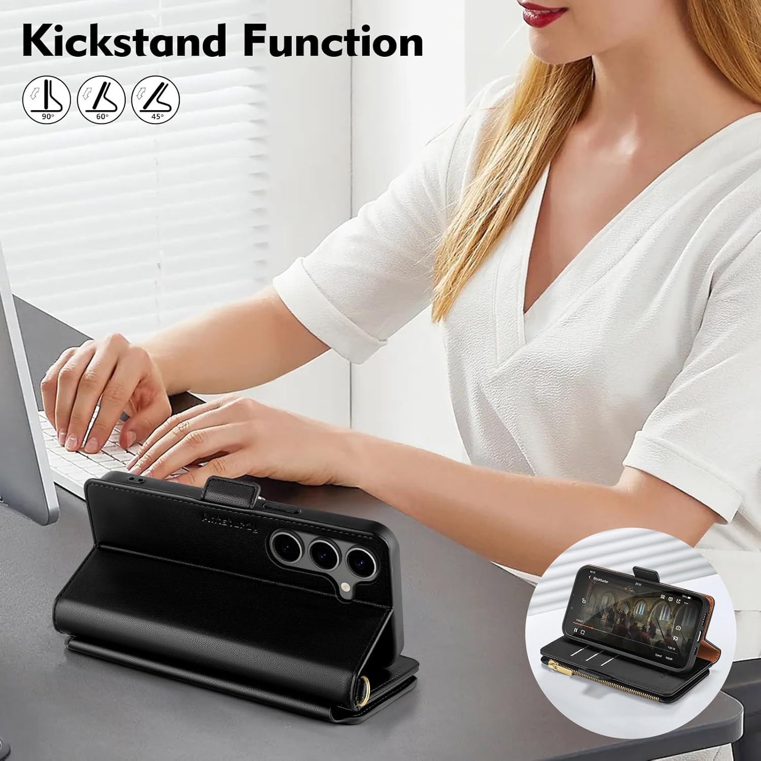 Antsturdy Compatible with Samsung Galaxy S25 Wallet Case with Card Holder,PU Leather Phone Case Flip Protective Cover RFID Blocking Wrist Strap Credit Card Slots Kickstand Men Women,Black