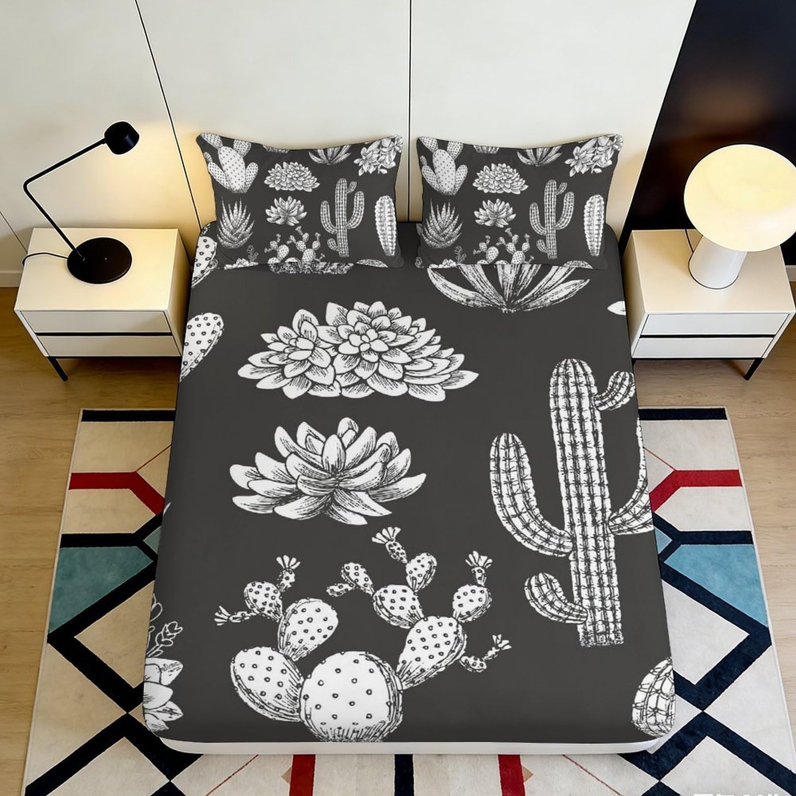 3D Printed Cactus Succulent Fitted Sheet Microfiber Soft Black White Bed Cover for Bedroom Guest Room Decor 90x200x25cm