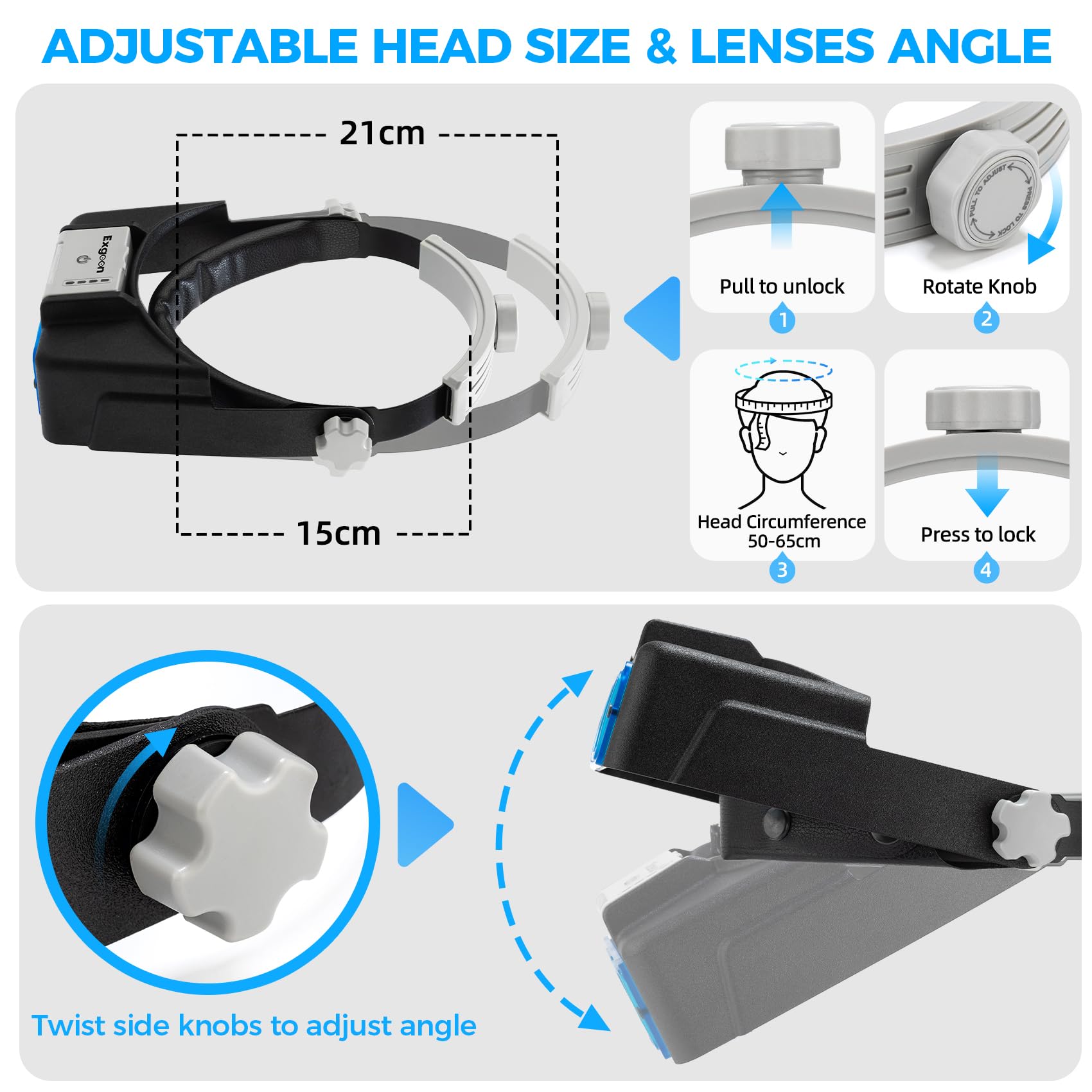 Lupa de diadema con luz, lupa recargable para pasatiempos, manualidades y trabajo cercano, manos libres con 4 lentes 1.5X-3.5X, ideal para hacer modelos de joyas, pintura de diamantes