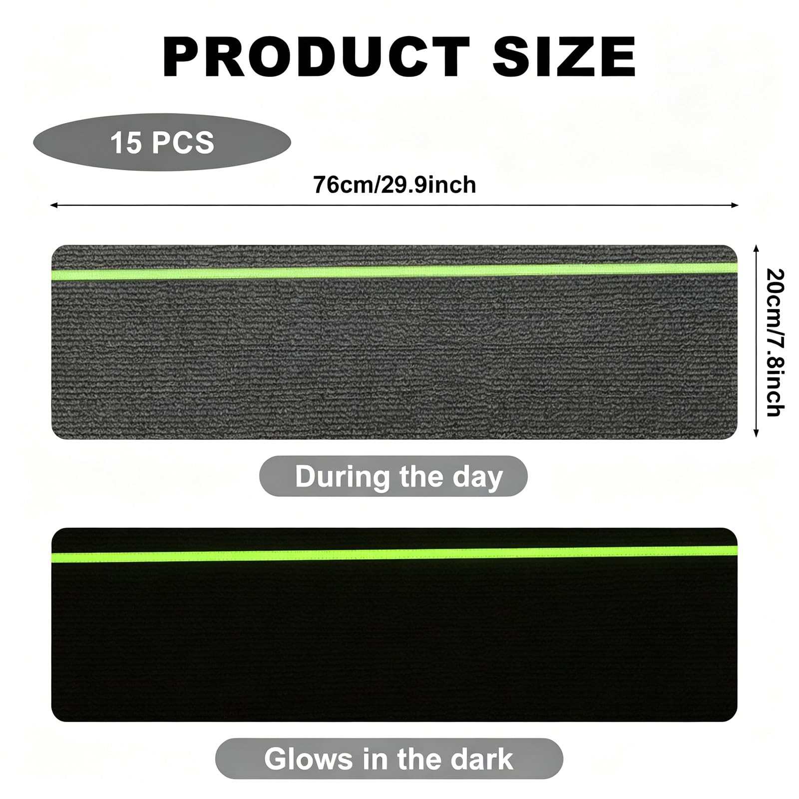 15 Stück Treppenmatten mit Glow in Dark Streifen, Selbstklebende Stufenmatten 76x20cm für Holztreppen, Antirutsch Treppenteppich mit TPE Rückseite, für Kinder, Senioren & Haustiere (Dunkelgrau)