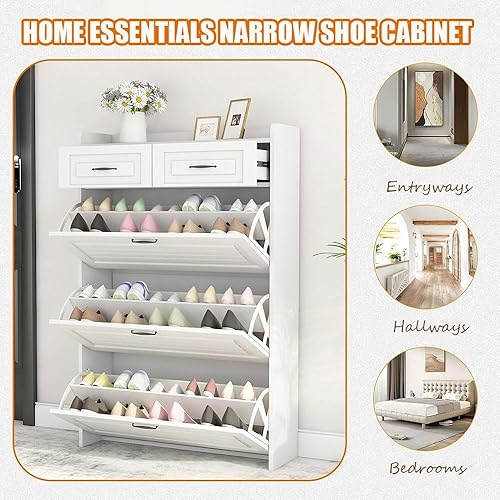 Miniatura 6 de Zapatero con 3 puertas, 2 cajones para entrada, organizador de almacenamiento de zapatos estrecho blanco de 4 niveles, zapatero abatible de madera,