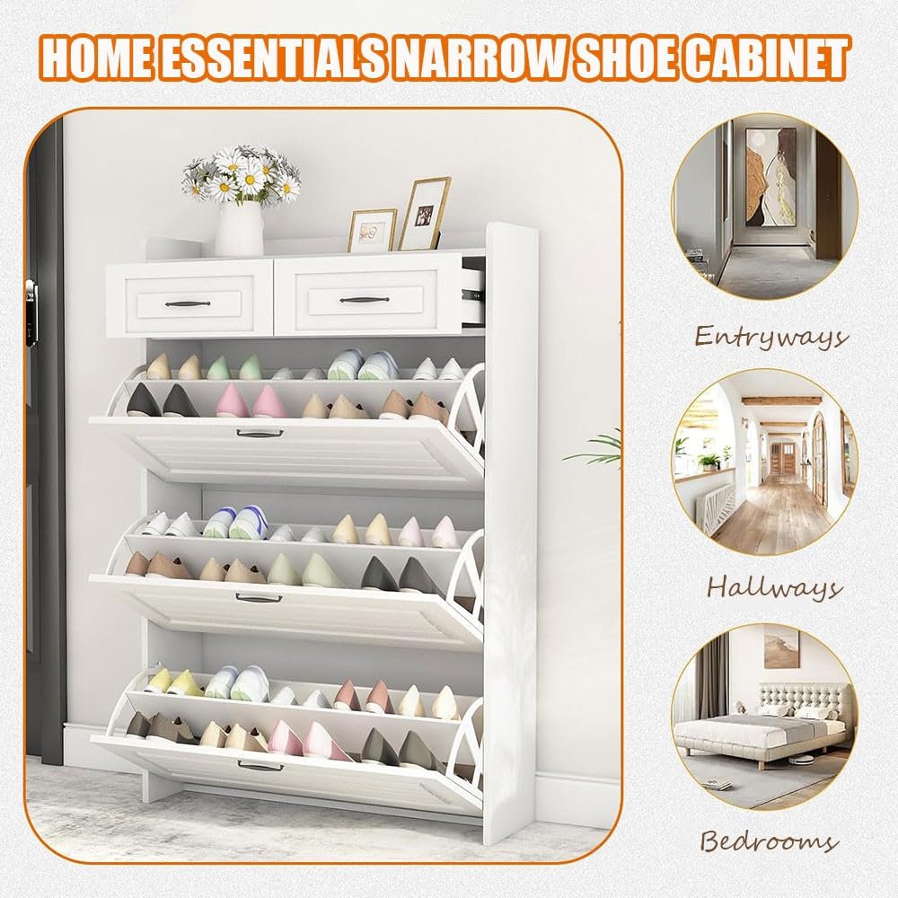 Meuble à Chaussures D'entrée 3 Portes Rabattables - Capacité 16 Paires, Profondeur 24 Cm, Design Scandinave, Finition Blanche Et Dorée