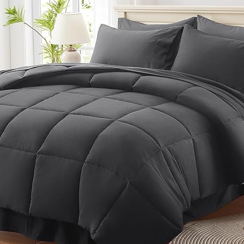 Anluoer Juego de edredón de cama tamaño King en una bolsa de 7 piezas, color gris oscuro con sábanas, juegos de ropa de cama para todas las