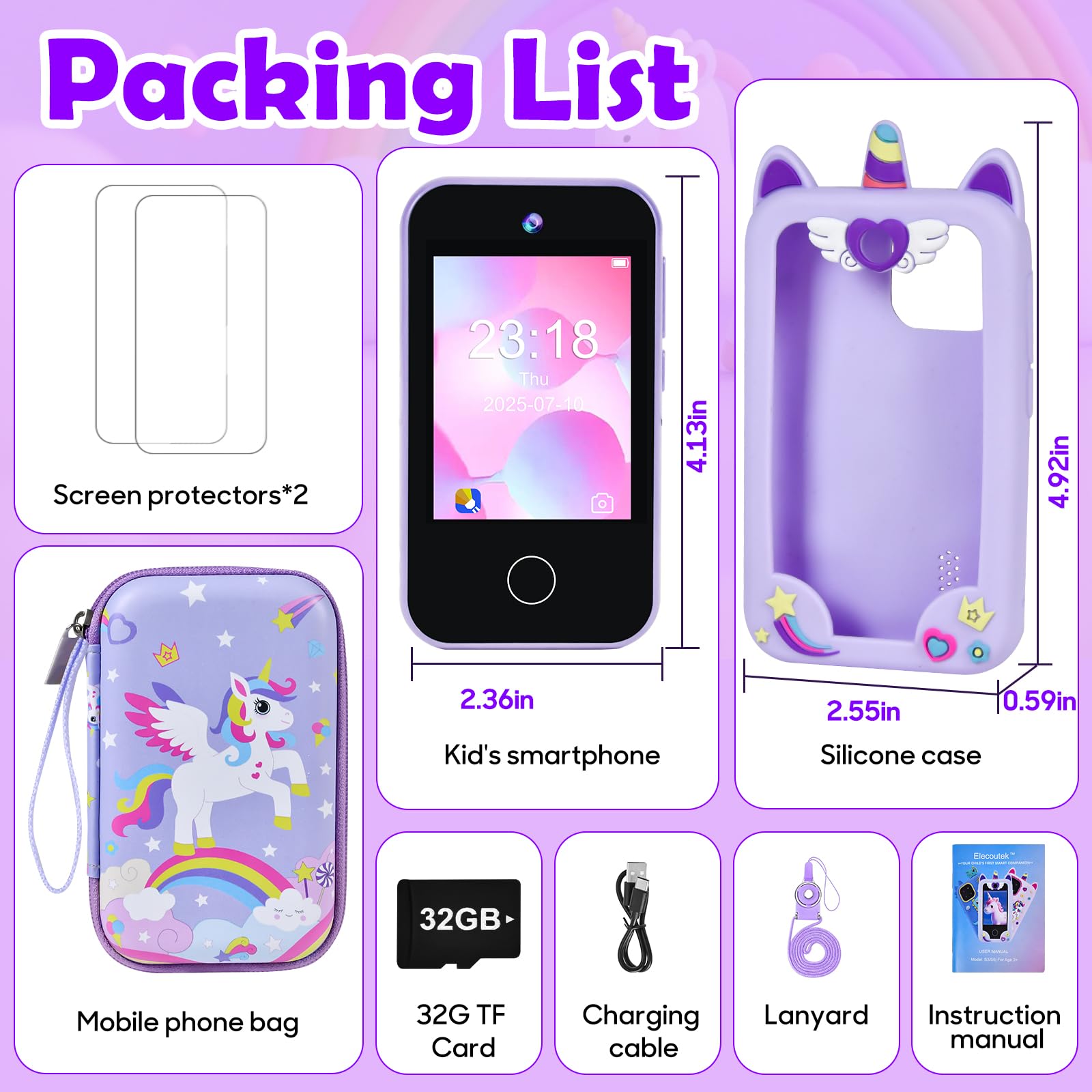 Telefono Giocattolo per Bambini - Smartphone Per Bambini, Cellulare per Ragazze, Regalo Giocattoli per Bambina 3 - 10 anni Compleanno Natale, 2,8" Cellulare Giocattolo Educativo (Viola con Borsa)
