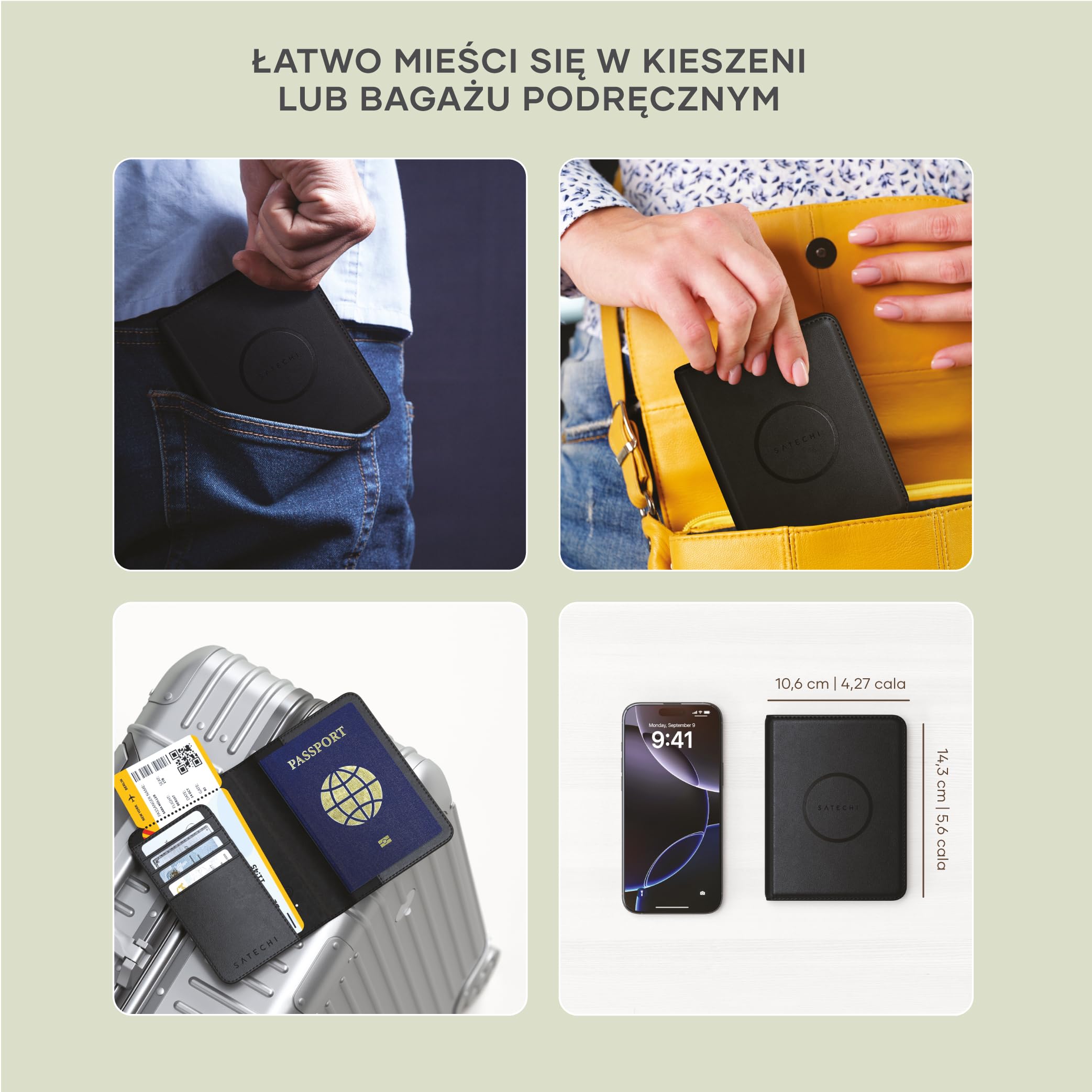 SATECHI Find My Etui na Paszport, Portfel Podróżny Z 4 Przegródkami na Karty, Ładowaniem Bezprzewodowym I Blokadą Rfid, Kompatybilny Z Aplikacją Find My na Ios, Materiał Premium (PU) – Czarny