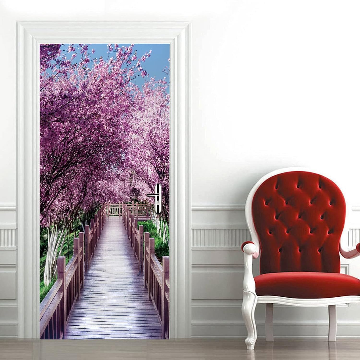 Sticker Porte Paysage, Stickers Porte Trompe L'oeil Fleurs de Cerisier Autocollant Poster Auto-Adhésif Art Décor Pour Chambre Salon Salle de Bain Papier Peint 95x215 cm