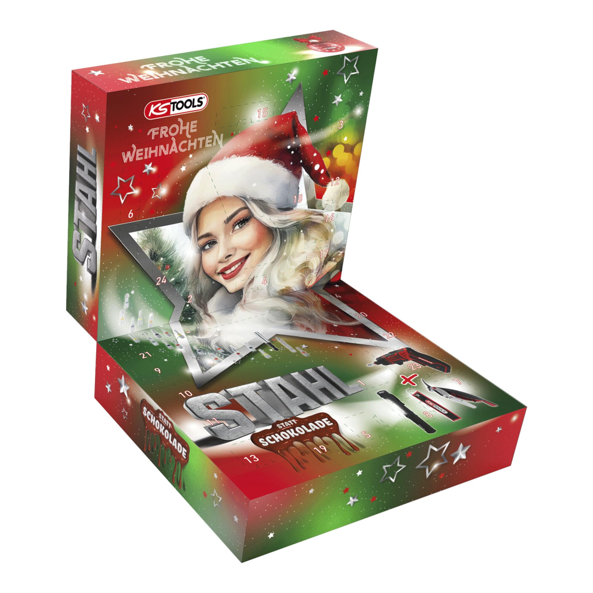 KS Tools Calendario dell'Avvento 2025 - Set di cacciaviti a batteria, 30 pezzi, torcia e cavatappi, portachiavi