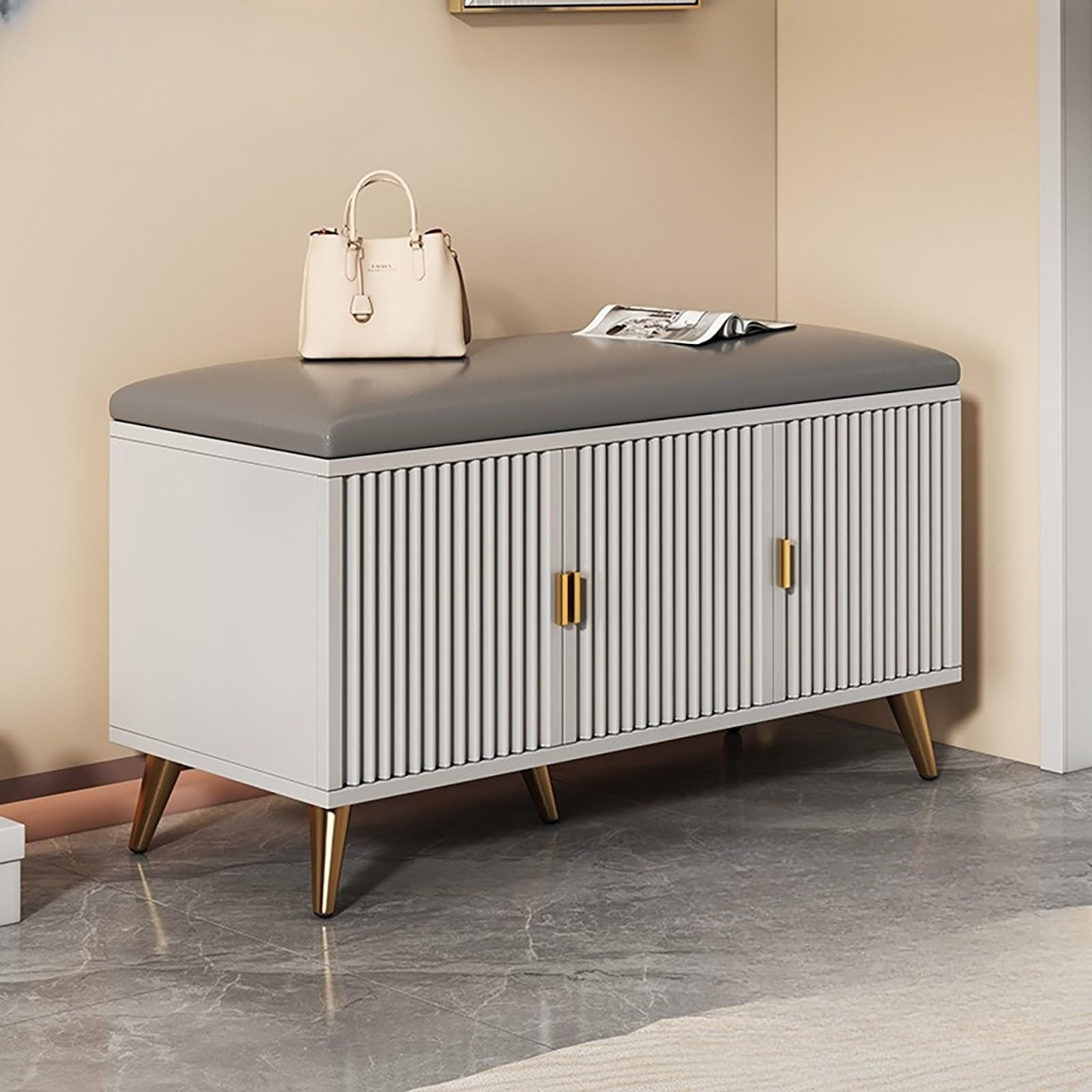 GHFXSCV Gray Storage Bench with Cushion, Entryway Shoe Rack with Seat, Wooden Stools for Living Room, Hallway & Bedroom - 23.6in (60cm) Multi-functional nizer