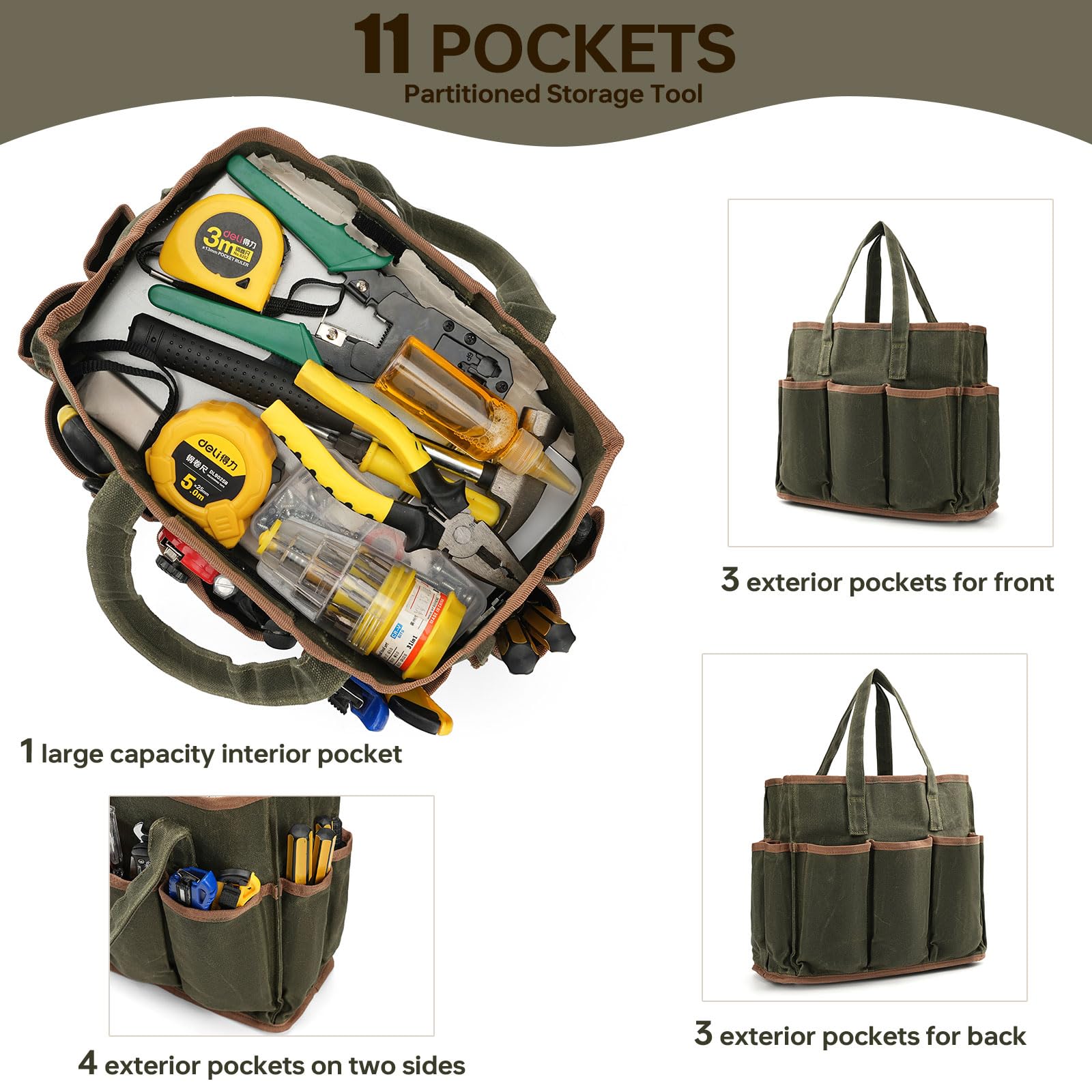 Borsa portautensili da 33 cm, resistente 538,6 g, in tela cerata, con 11 tasche, portatile, organizer per attrezzi per giardinieri, saldatori, elettricisti, lavoratori, meccanici, 33 x 13 x 27 cm