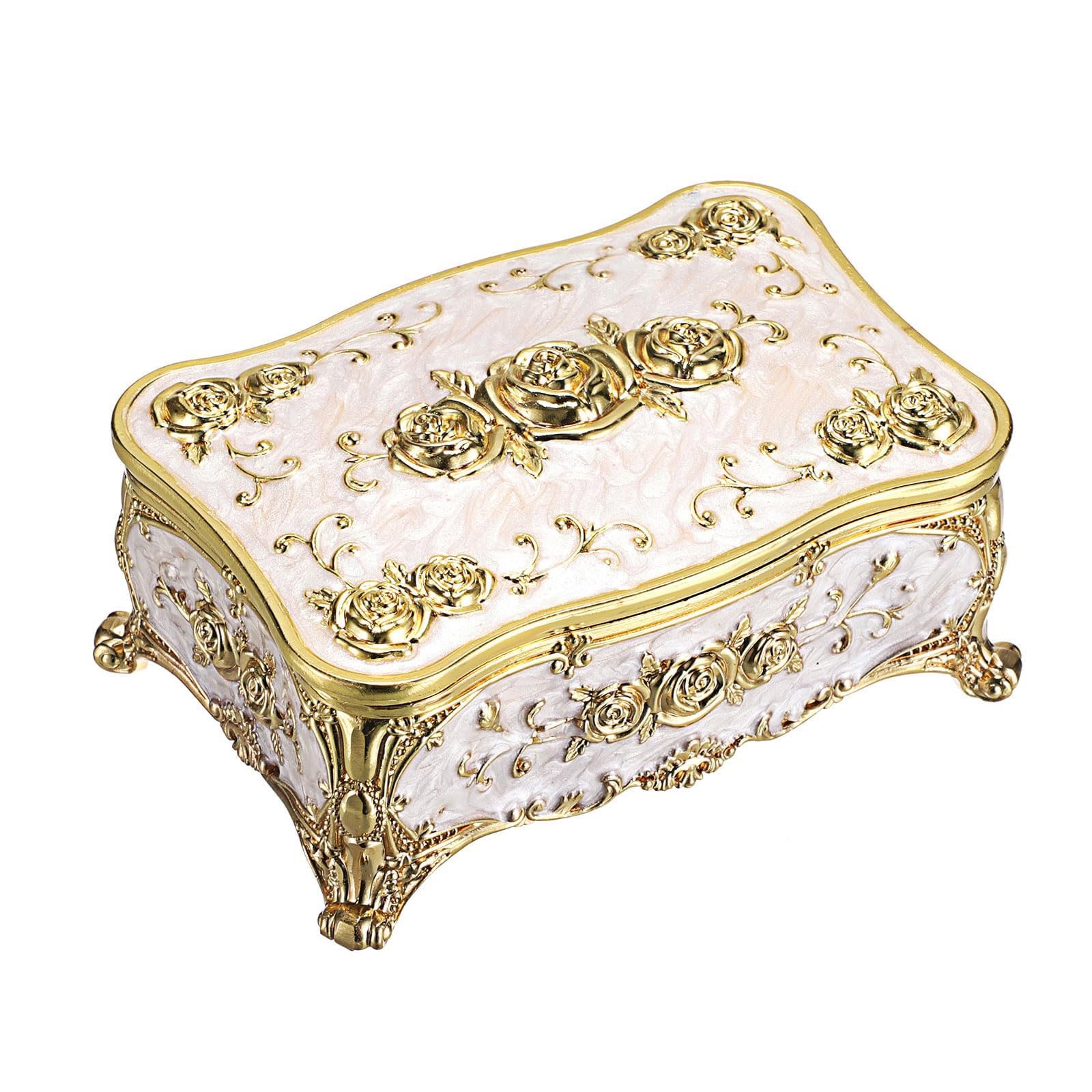 HDOYTXXM Jewelry Storage Organiser Zincs Alloy with Rose Engraving Plush Interior Case for Quick Daily Use Rose Enameled Jewelry Box