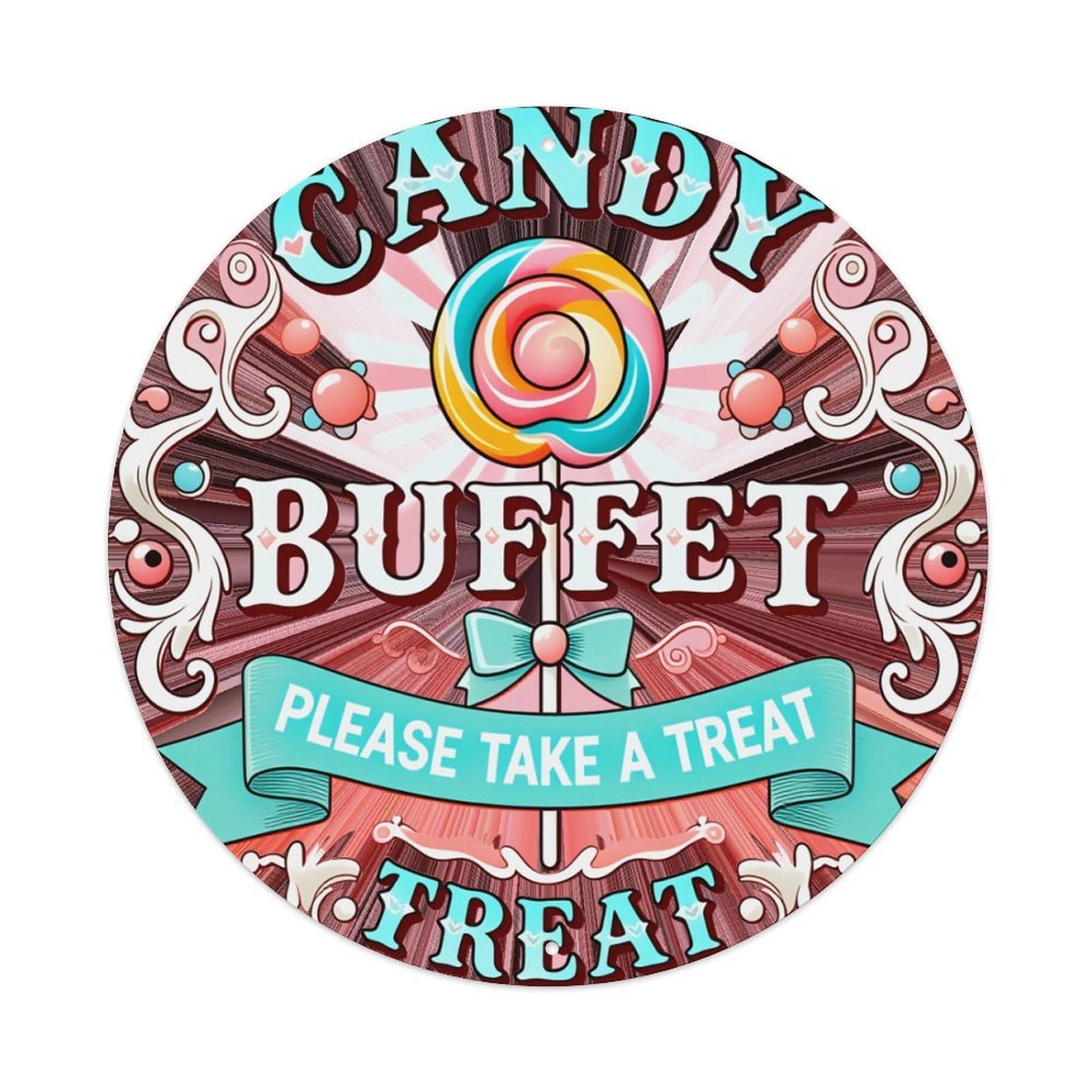 Candy Buffet Treats Sign Design Round Tin Sign Retro Metal Sign for Cafe Bar Pub Home Game Room Gym Club Wall Decoration Vintage Metal Poster 8x8 Inch