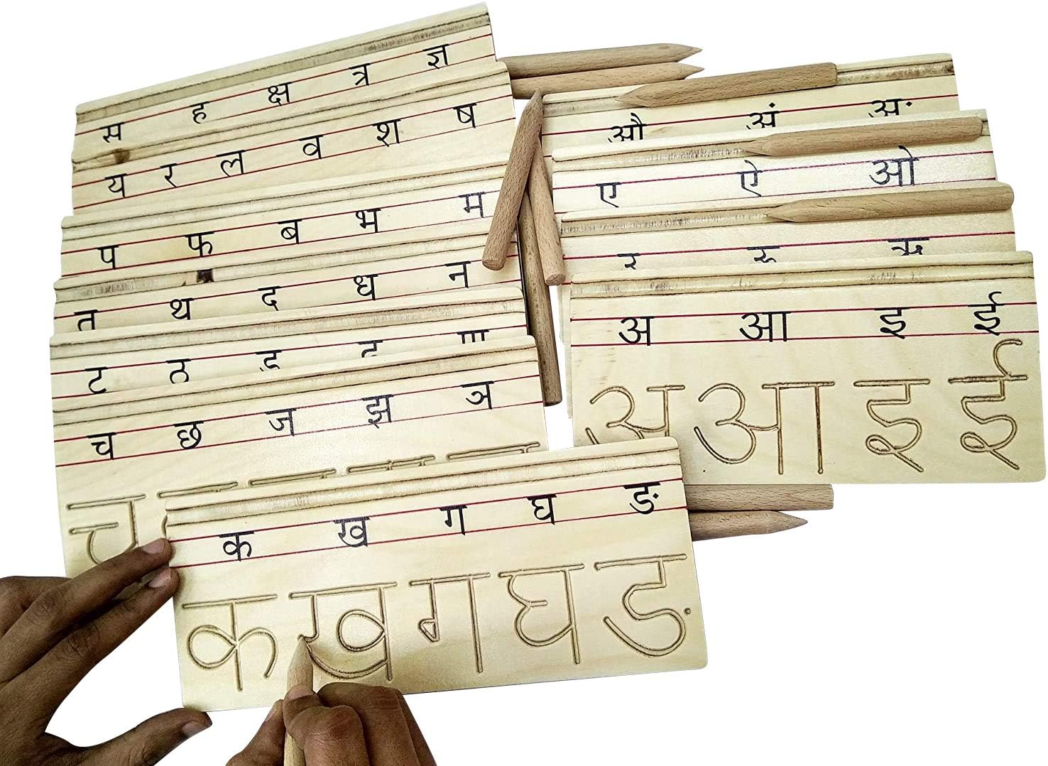 goappugo hindi alphabet varnamala swar consonants vowels tracing writing wooden practice boards for kids- Brown