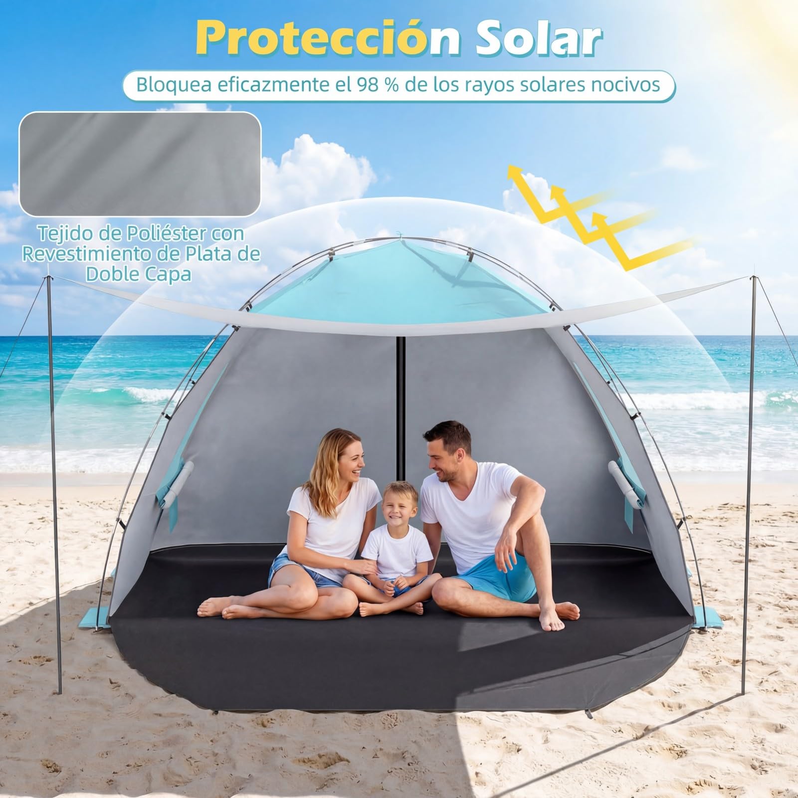 COSTWAY Tienda de Playa Plegable, 3-4/5-6 Personas, Carpa Camping con Toldo,Protección Solar UPF50+, Revestimiento Plateado, Bolsa de Transporte, Ventanas, Tienda de Campaña (260 x 150 x 160 cm,Azul)