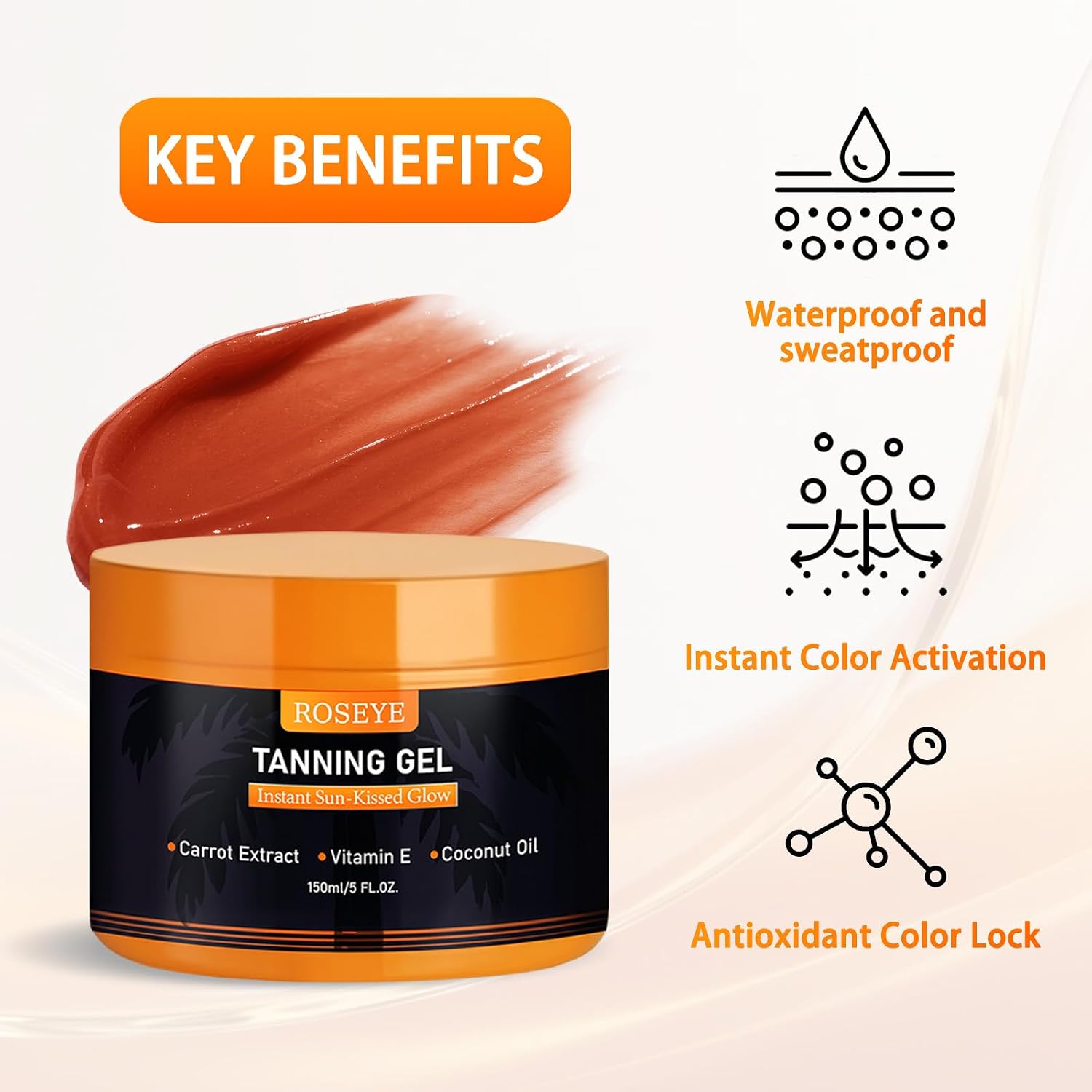 Roseye Intensive Tanning Gel Buildable Natural Glow with Carrot Extract, Coconut Oil Vitamin E Non-Greasy Fast-Absorbing Formula for All Skin Types - 5.8 FL OZ