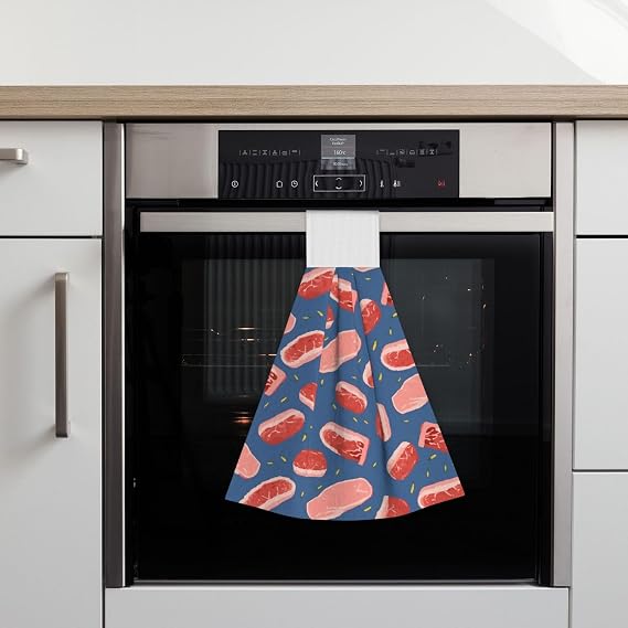 Hanging Hand Towel Soft Absorbent Bath Towel Kitchen Dish Towels with Hanging Loop Fast Drying Tie Towels for Bathroom Kitchen Home Decor Meat Slices Pattern