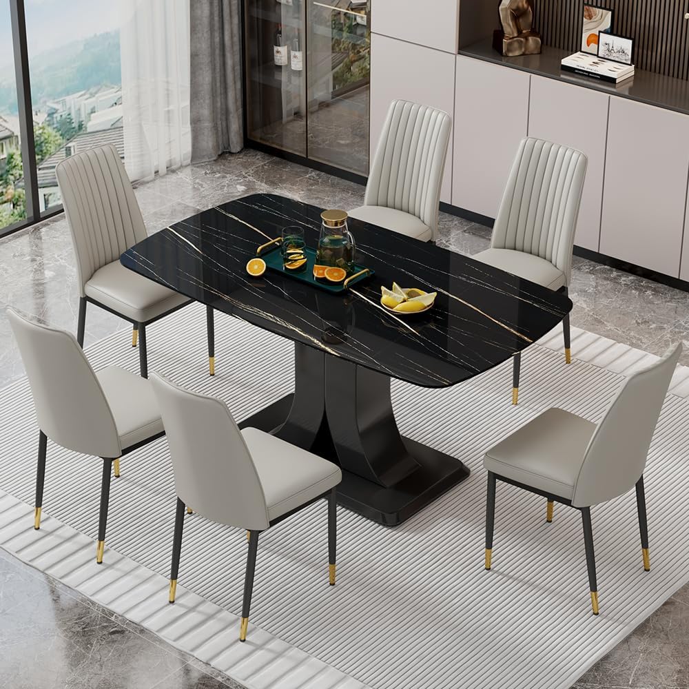 Modern Dining Table Set for 6, Marble Kitchen Table Chair Set for 6, Rectangular Kitchen Table with 6 Pu Leather Upholstered Chair for Dining Room