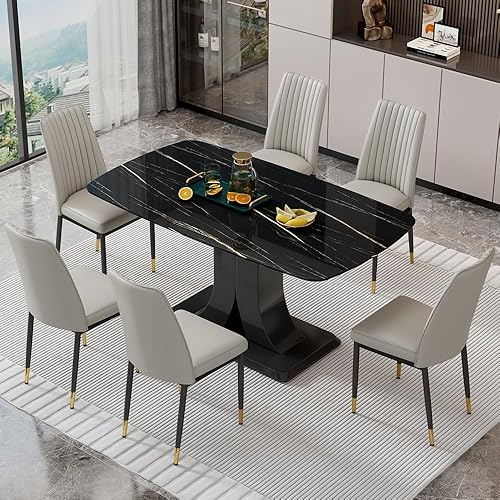 Miniatura 17 de Juego de mesa de comedor moderno para 6, juego de mesa de cocina y sillas de mármol para 6, mesa de cocina rectangular con 6 sillas tapizadas en