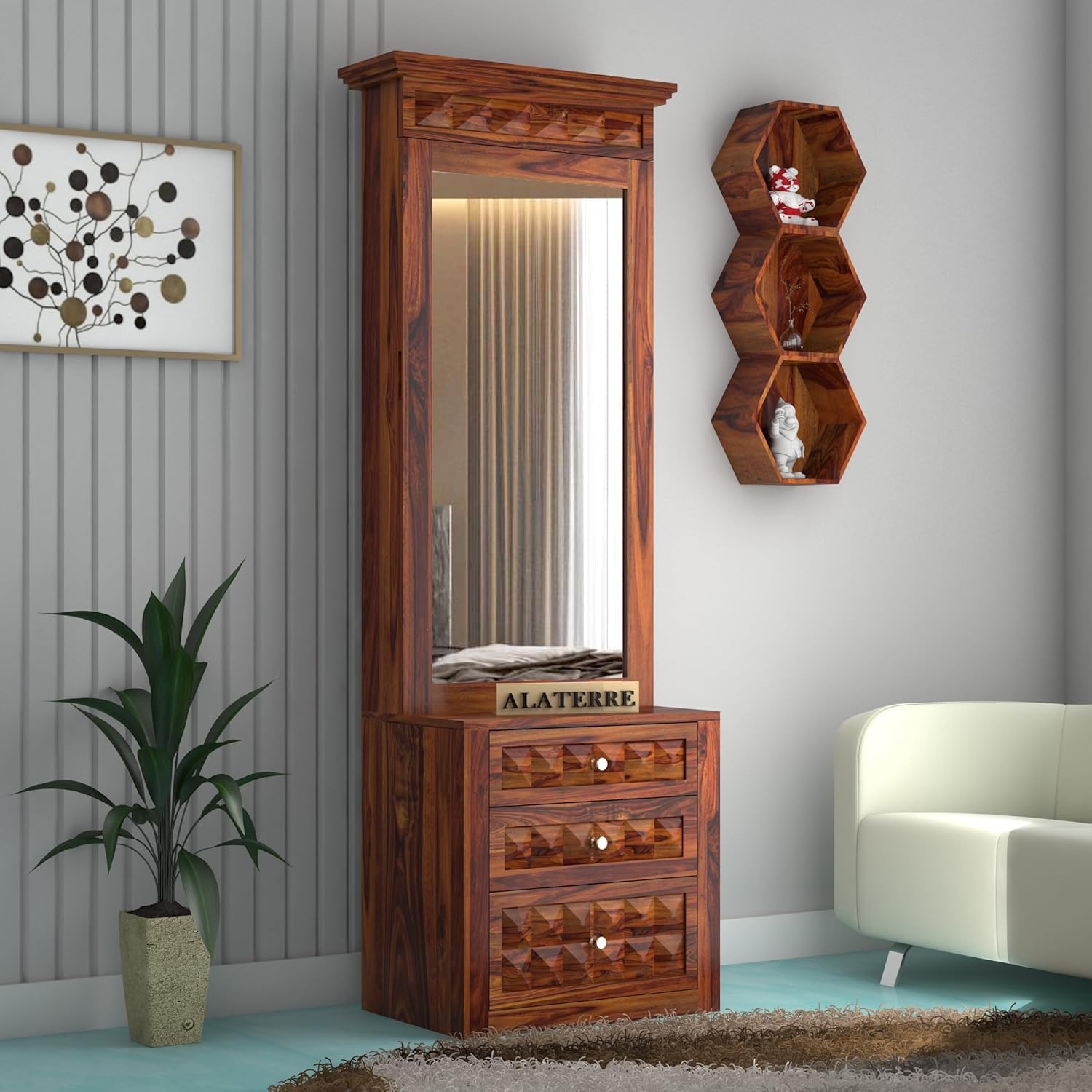 Wood DressingTable with Mirror and Storage || Dressing Table with Drawer, Makeup Table, Vanity Dressing Table || Honey Finishs-image-48