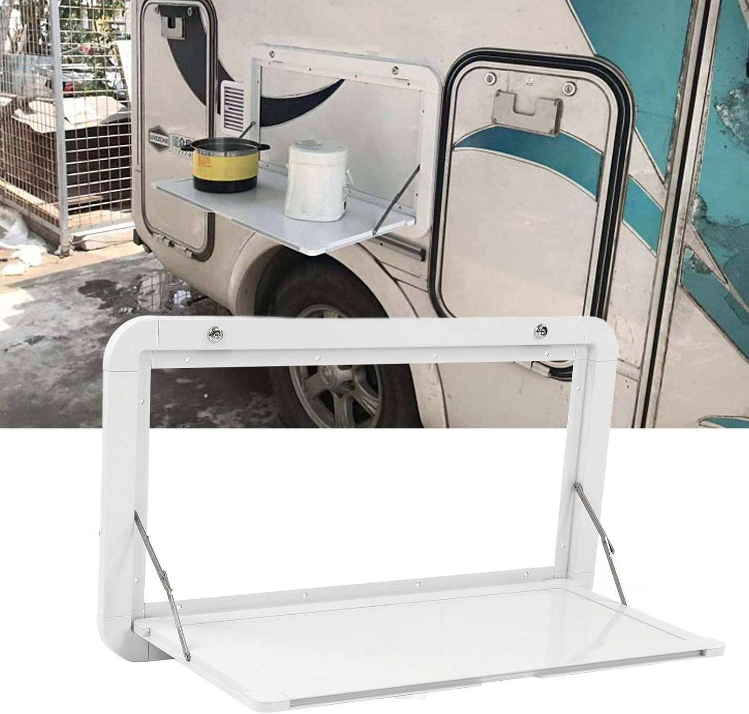 Wall Mounted Dining Table, RV Folding Table with Lock, Lightweight Aluminum Alloy External Dining Table for Outdoor Use in Motorhome Boat (White)