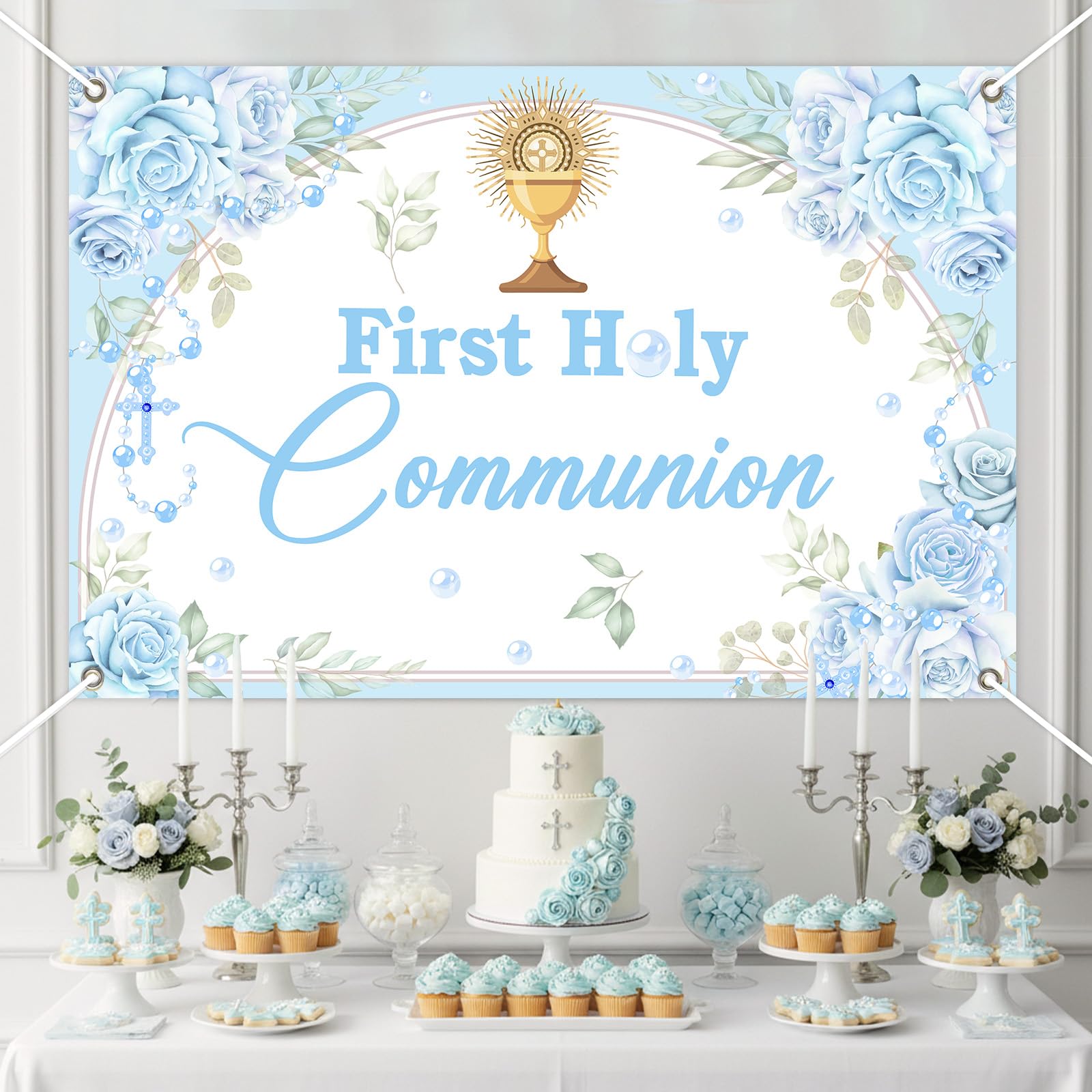 Jollyboom First Holy Communion Decorations for Boys, Blue Flowers Communion Backdrop Banner for Confirmation Baptism Christening Day Photoshoot Background 3 x 5 Ft - Image 2
