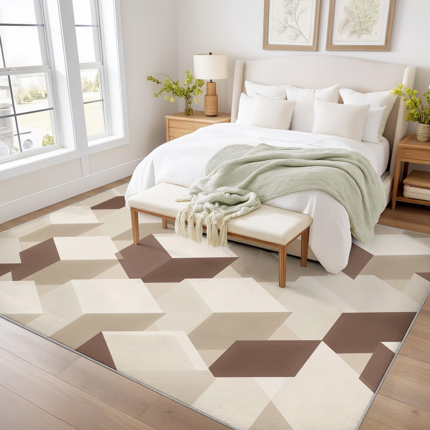 Tapis Lavable Imprimé Cubes 3D Losanges Beige 240x300 cm pour Salon Chambre