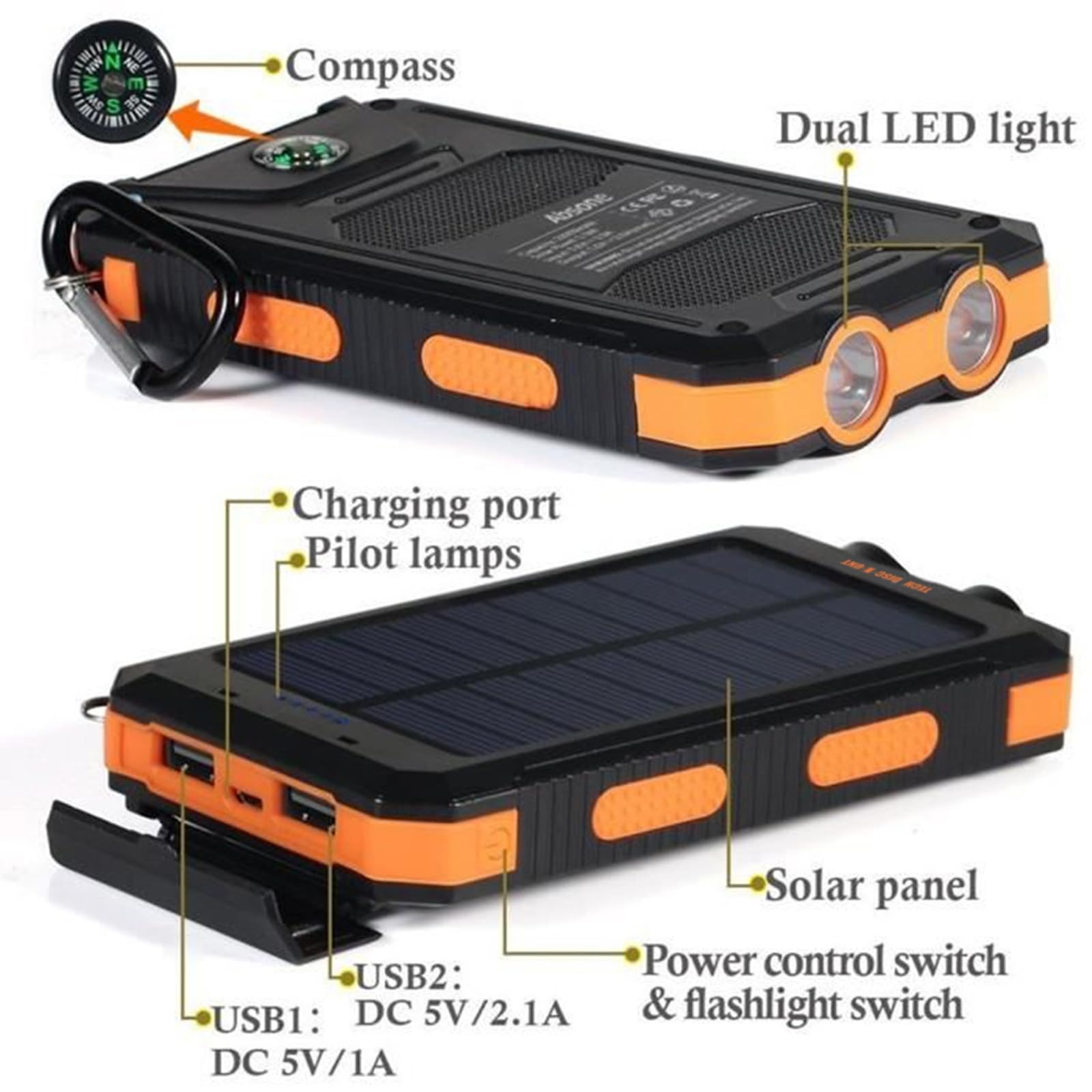 Powerbank Solare 8000mAh, Caricabatterie Solare Portatile impermeabile e antipolvere, Caricatore per Smartphone, Tablet