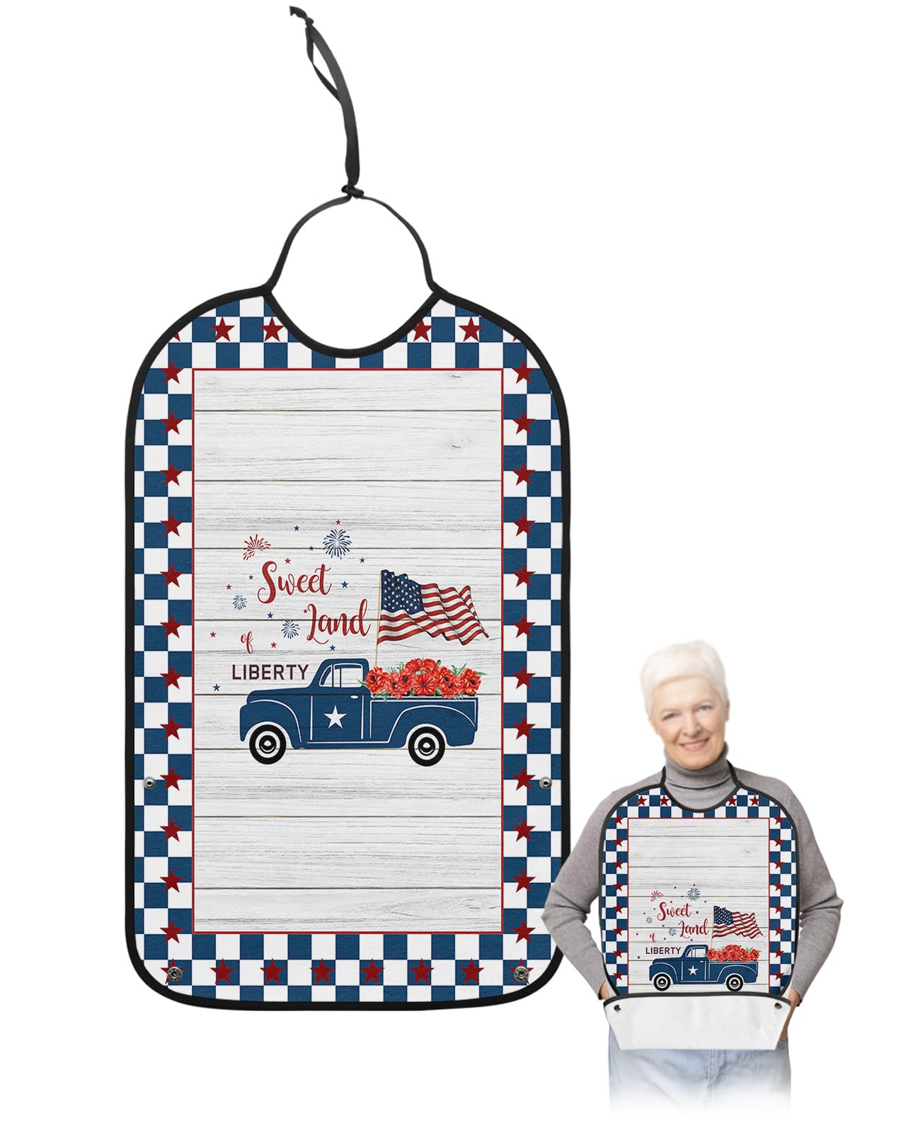 LEOKOTI 4th of July Adult Bibs for Eating, Waterproof Bibs with Food Catcher & Adjustable Snap Closure, Independence Day Truck White Wood Washable Clothing Protectors Adult Bibs for Elderly Women/Men