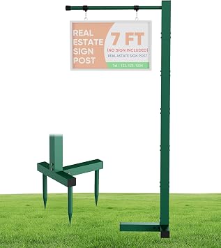Adjustable Real Estate Sign Post, 7FT Yard Sign Holder Stand for Open House & Home for Sale, Windproof Outside Realtor Sign Post with 34" Arm for Traffic,Construtions,Events, Green No Sign