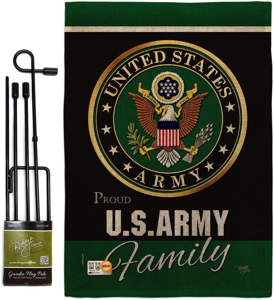 Breeze Decor Army Proudly Family Burlap Garden Flag - Set with Stand Armed Forces Rangers United State American Military Veteran Retire Official - House Banner Small Yard Gift Double-Sided 13 X 18.5