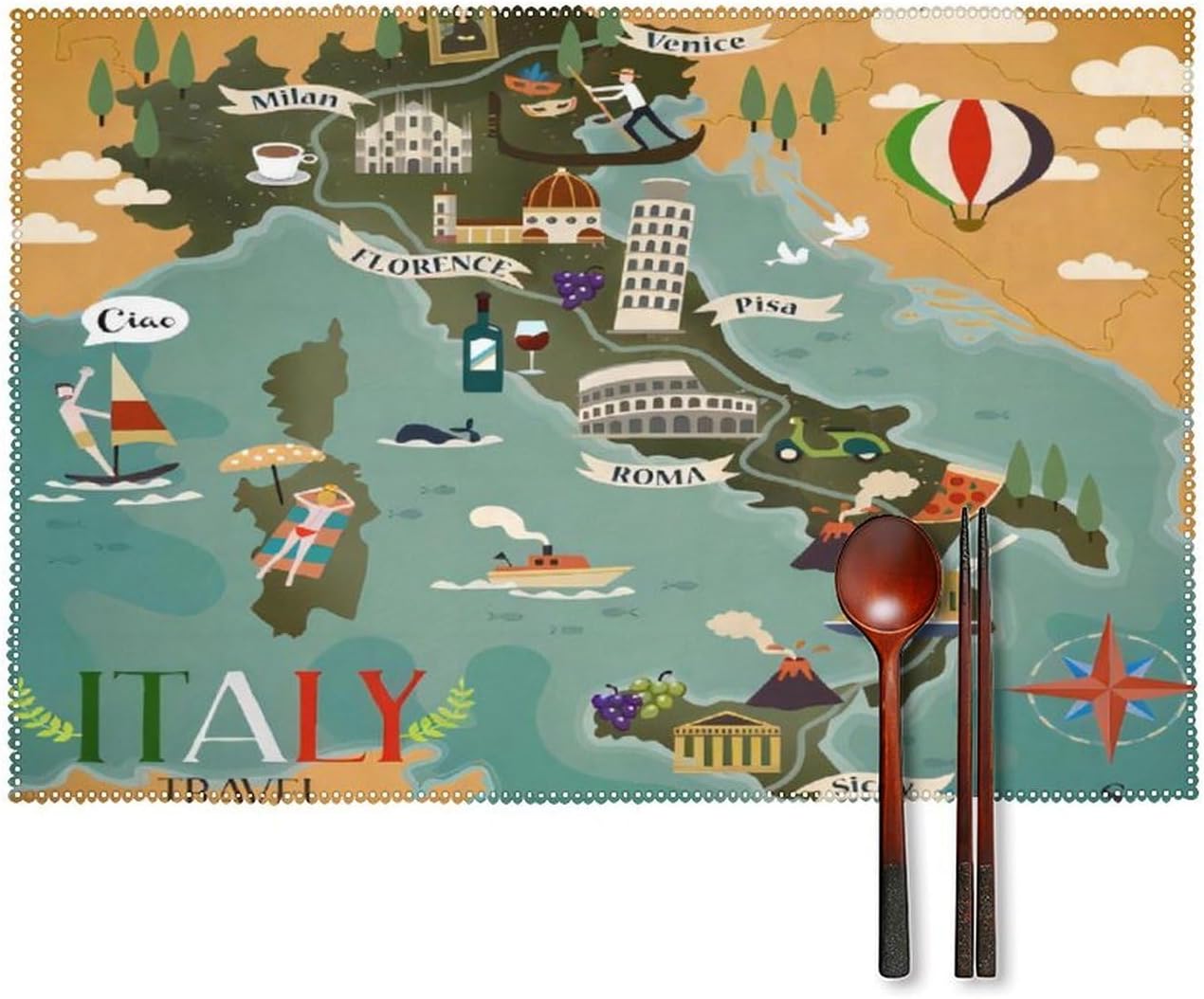 Map of Italy Attraction Symbols Compass Landmarks Sign Canvas Placemats Non-Slip Placemat Washable Table Mats for Dining Table Coffee Mats Kitchen Set of 4.