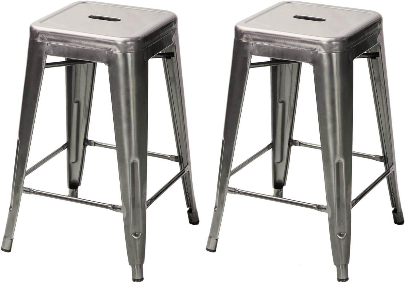 Asensefurniture 24-inch High Backless Gunmetal/Sliver Glossy Metal Barstools Indoor-Outdoor with Square Seat Tolix-Style Chair Counter Stool(Set of 2pc)