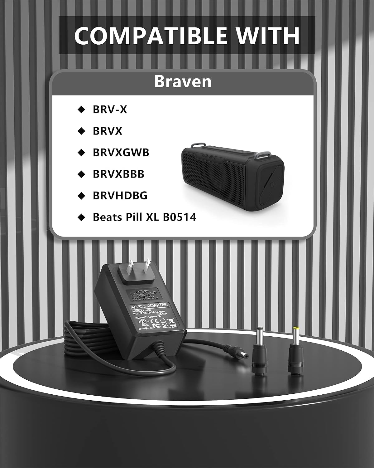 12V Charger Replacement for Braven Bluetooth Speaker Charger Compatible with Braven BRV-X, BRVX, BRVXGWB, BRVXBBB, BRV-HD Charger Cord (UL Listed)