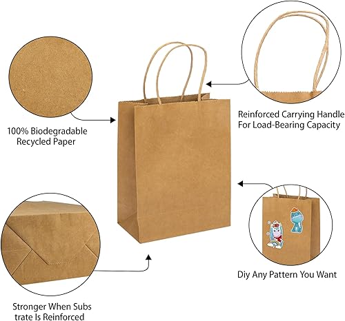 Miniatura 3 de MOZRRO Bolsas de regalo, paquete de 100 unidades de 10.5 x 8.5 x 4.5 pulgadas, bolsas de papel con asas, tamaño mediano, bolsa de regalo marrón para