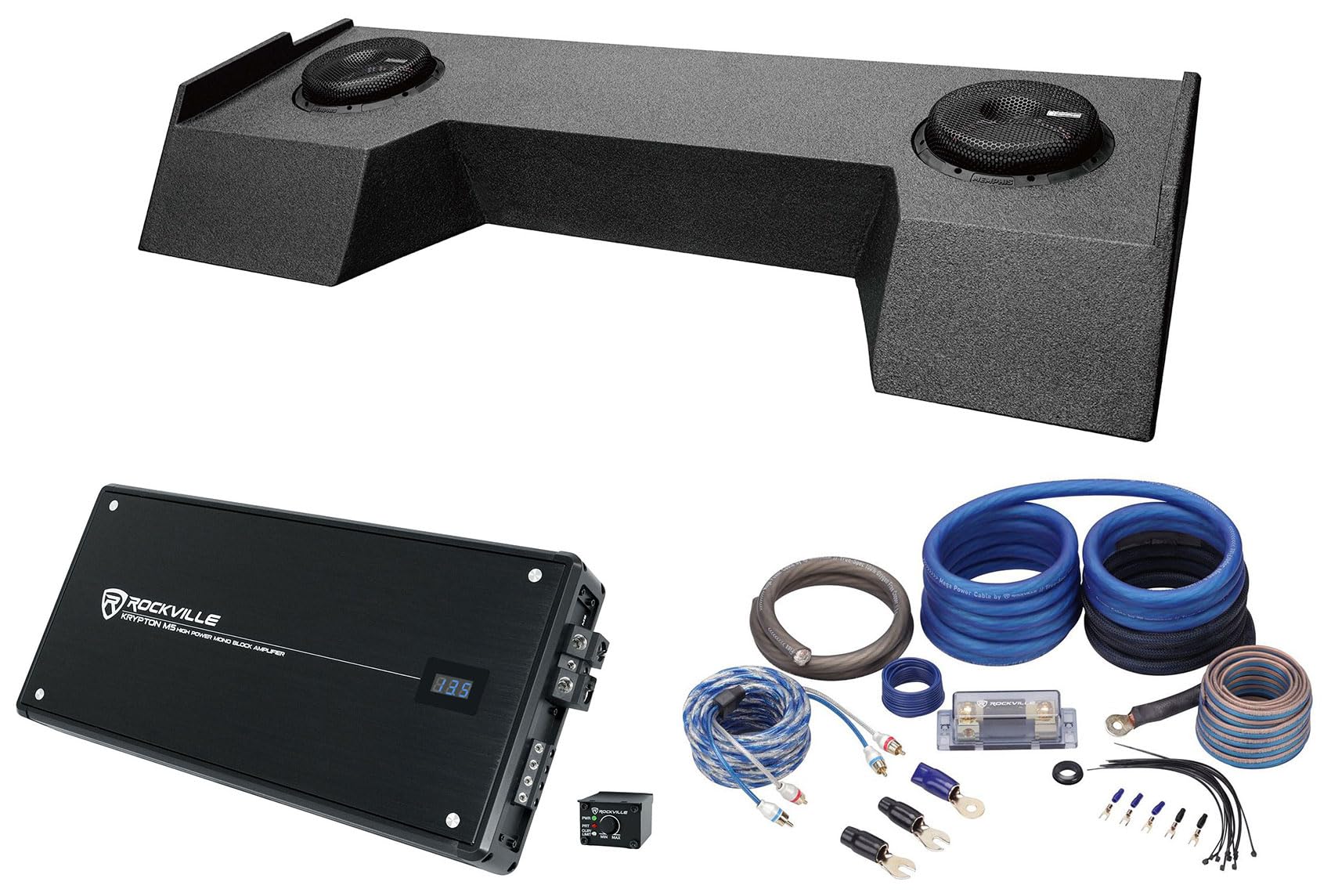 Memphis Audio MJME19RAM8D1 V2 Bundle: Dual 8" 3600W Peak/1800W RMS Subwoofer w/Enclosure, Krypton M5 2000W RMS Mono Amplifier, RWK0CU 0 Gauge Amp Wiring Kit, for 2019 Up RAM Crew Cab, 3-Items
