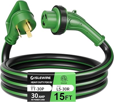 30 Amp 15 Feet RV Power Cord, Heavy Duty 10 Gauge STW Cord with LED Power Indicator Twist Connector, NEMA TT-30P to L5-30R with Cord Organizer for RV Trailer Campers, Black&Green, ETL Listed