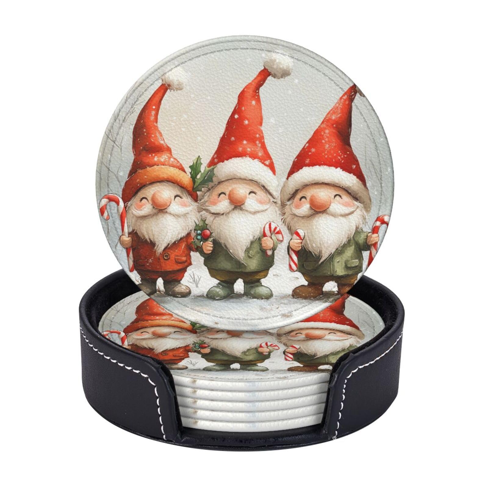 6 Pack Christmas Gnomes Leather Coasters for Drinks with Holder Sets Winter Xmas Heat Resistant Drink Table Cup Coasters for Kitchen Dining Cafe Holiday Decor Round