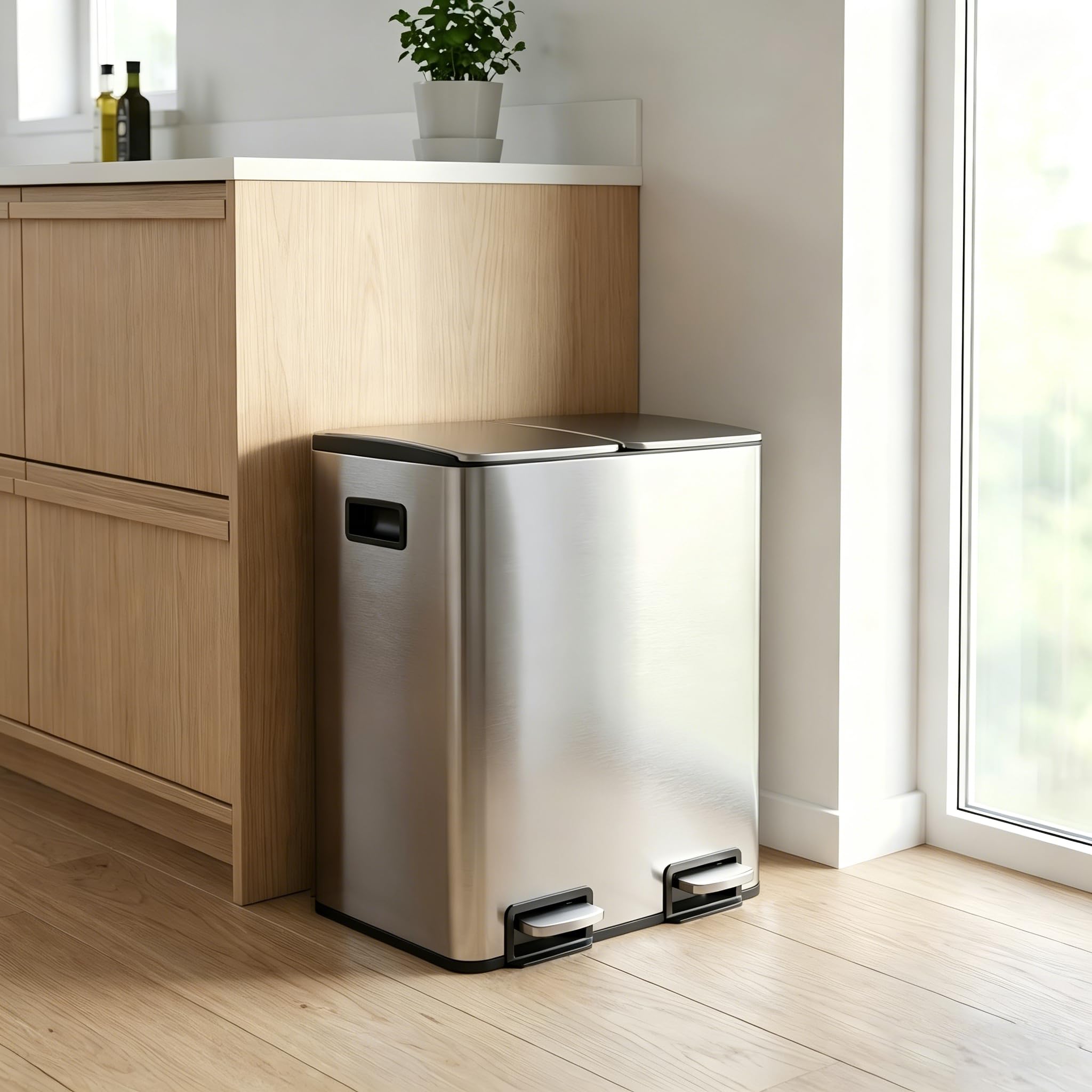 Mülleimer Küche 2 x 19 L(38L), Edelstahl Treteimer mit Deckel, Mülltrennsystem 2 Fächer, Abfalleimer mit Softclose, Fingerabdruckresistent, Pedaleimer mit Inneneimer für Küche Haushalt