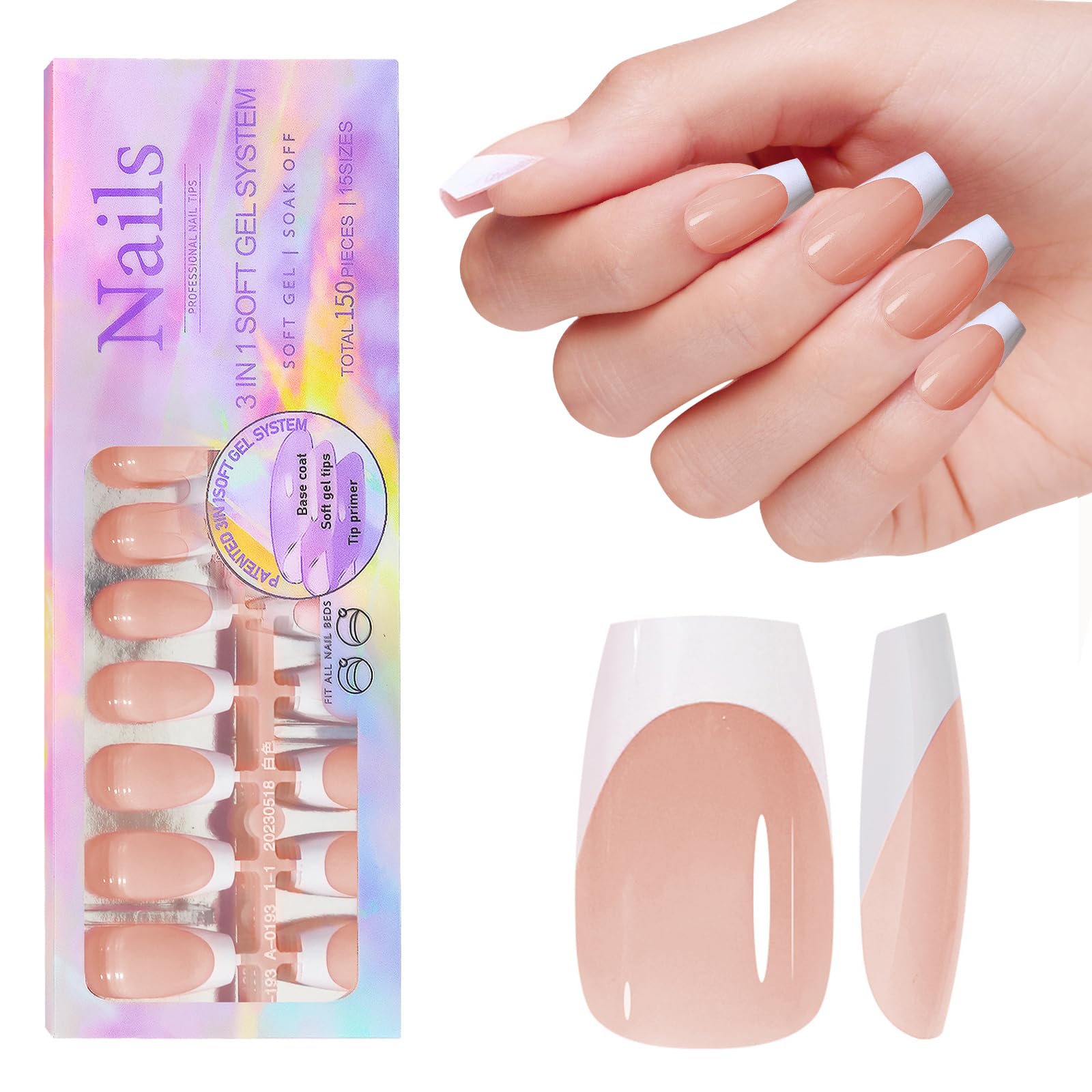 French Gel Nail Tips, 150pcs Medium Coffin Press on Soft Gel Fake Nails, 3 in 1 X-coat Pre-Applied Tip Primer & Base Coat
