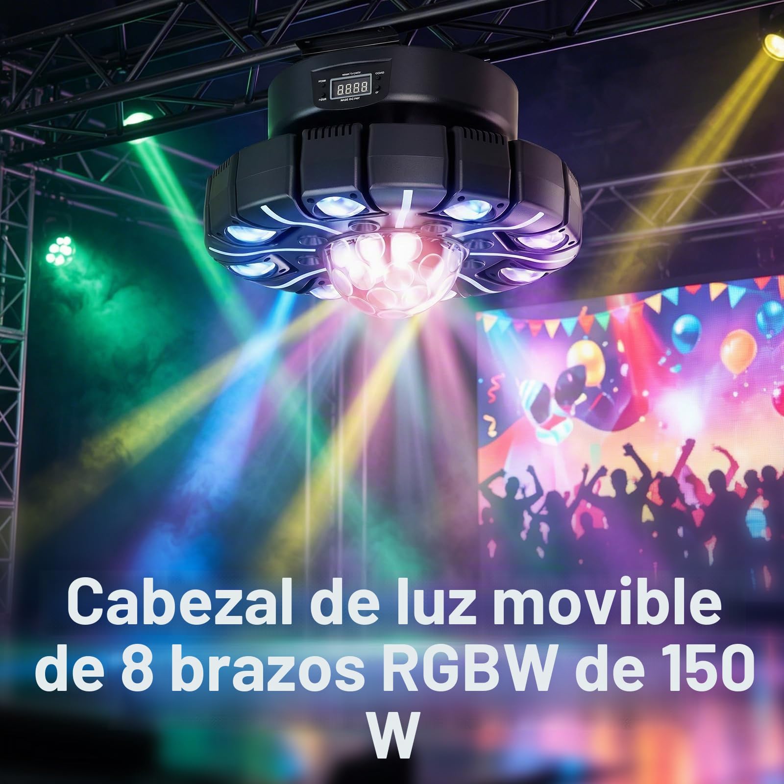 150W Beam Cabeza móvil Luces de Escenario con Control Remoto, 8 brazos LED RGBW Haz Luz de Fiesta Bola de Discoteca con Patrones Estroboscópico DMX512 Control de Sonido para Bar DJ Boda Concierto