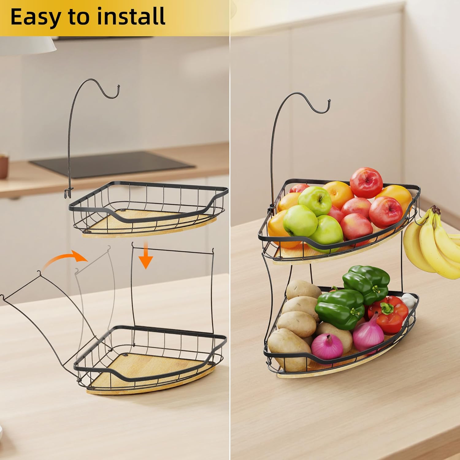 2 Tier Fruit Basket for Kitchen Counter with 3 Banana Hangers, Vegetable Holder with Bamboo Base for Kitchen Corner Storage, Black