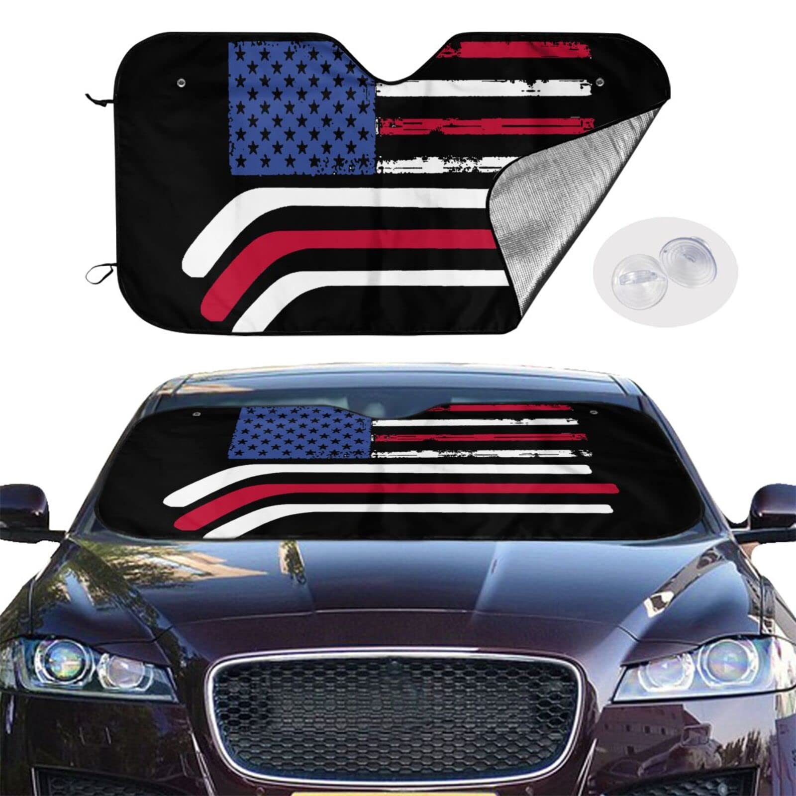 American Flag Made with Hockey Sticks Car Sunshade Cover Automobile Windshield Foldable Sun Visor Apply for Van Truck Trailer